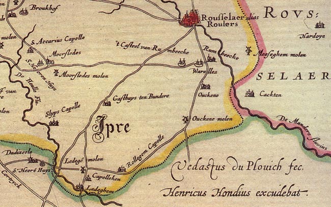 De Oude Heerweg op de kaart 'De Casselrie van Ypre' van Joan Blaeu (1662), in A. Sanderus' 'Flandria Illustrata'