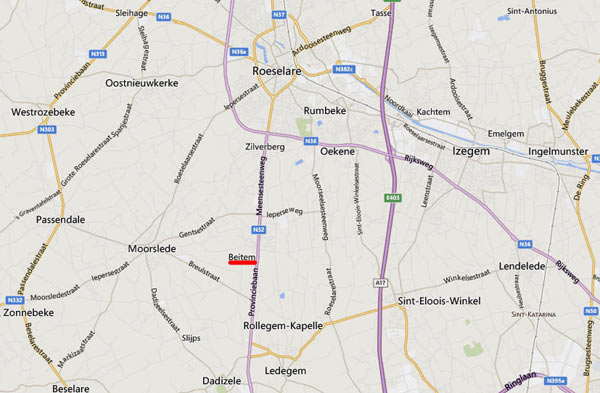 Beitem op de kaart van midden West-Vlaanderen (Bron: Bing Maps)