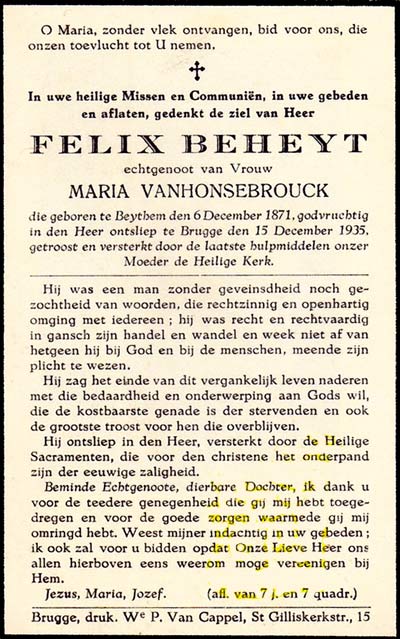 Doodsprentje van Felix Beheyt (1871-1935)