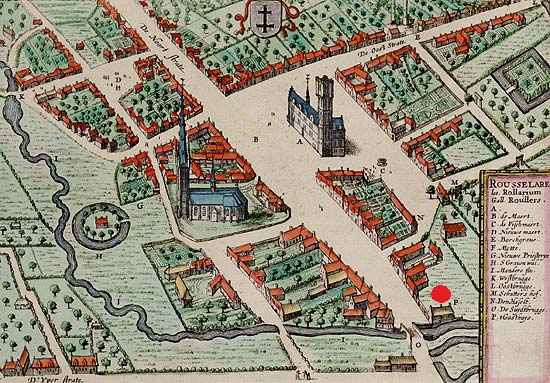 Het St.-Jansgasthuis voor pelgrims (P, met rode stip aangeduid), op een stadsplan van Roeselare. Sanderus, 1662