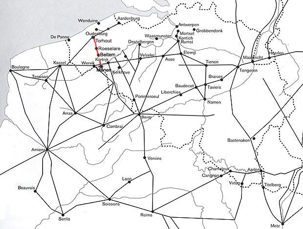 Het netwerk van Romeinse heerwegen. De rode streep op de kaart wijst de verbindingsweg aan, die passeerde op het grondgebied van Beitem, en die mogelijk dateert uit de (Gallo-)Romeinse tijd.