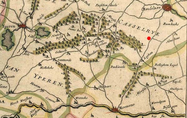 De rode stip duidt de plaats aan van het huidige Beitem op een kaart van Willem en Joan Blaeu. Theatrum Orbis Terrarum sive Atlas Novus. Volume I. Flandriae Teutonicae Pars Orientalis. Amsterdam, 1635.