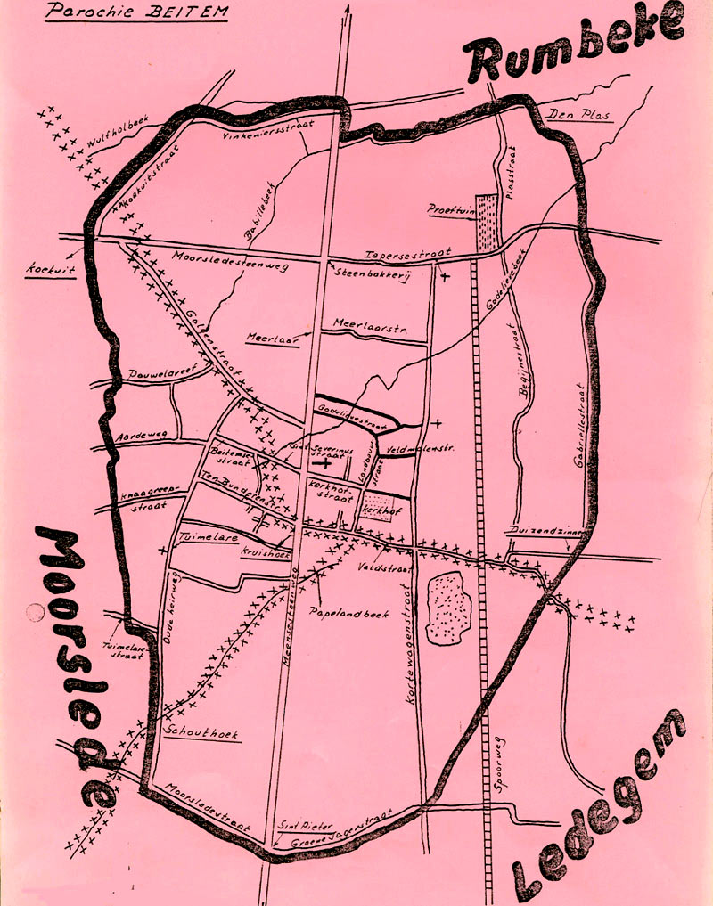 Kaart van de parochie Beitem (Bron: R. Plovie)