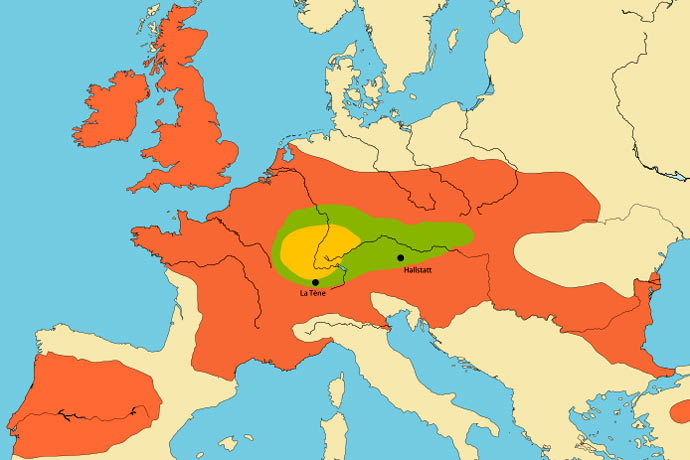 Kaart met het verspreidingsgebied (in oranje kleur) van de Kelten tussen 800 en 57 voor Christus. (Bron: Wikimedia)