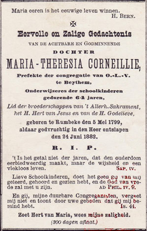 Bidprentje voor M.-Th. Corneillie, de laatste lekenbestuurster van de Meerlaanschool (1856-67)