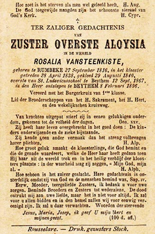 Doodsprentje van Zr. Aloysia, eerste overste van de Meerlaanschool (1867-81) en van de St.-Lodewijksschool (1881-96).