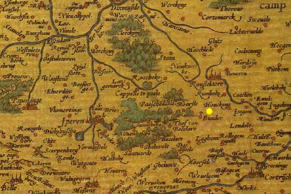 De gele stip duidt de plaats aan van het huidige Beitem op de fameuze Flandria-kaart van G. Mercator (1540), hertekend en door A. Ortelius opgenomen in zijn Theatrum Orbis Terrarum (Antwerpen, 1587)