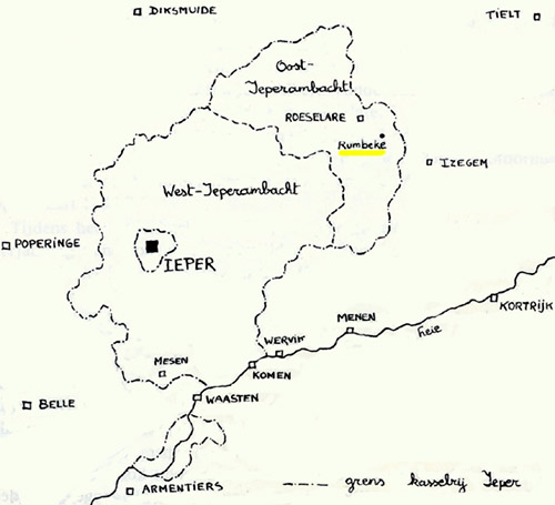Kaart van de kasselrij Ieper, met de parochie Rumbeke in Oost-Ieperambacht (Bron: R. Boucquey)