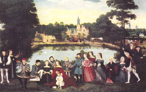 De Heer Thomas de Thiennes en familie voor het kasteel van Rumbeke. (Brugge, collectie Adornes)
