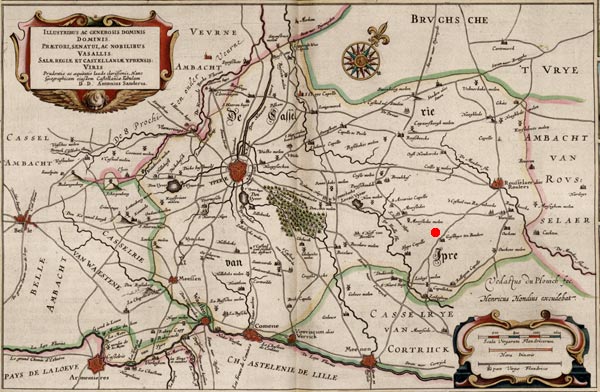 Kaart van de kasselrij Ieper. De rode stip duidt Beitem aan, nabij het Gasthuis ten Bunderen (Joan Blaeu, 1641).