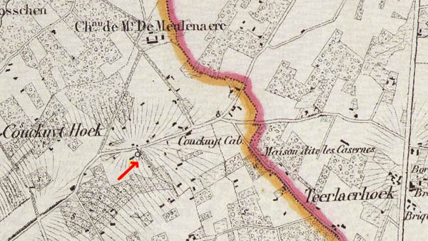 De gele pijl toont de plaats van de Koekuitmolen. Bovenaan het kasteel van de eigenaar M. Demeulenaere (Detail van de topografische kaart Vandermaelen, 1846-1854)