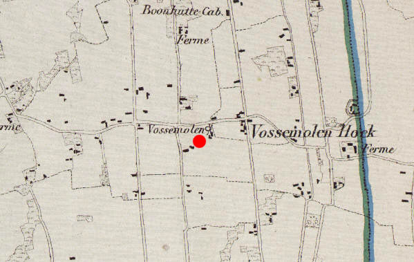 De Vossemolen  (met gele stip) op de topografische kaart van Vandermaelen (1846-54)