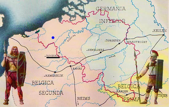 De Romeinse provincie Gallia Belgica, opgesplist in Belgica Prima en Belgica Secunda