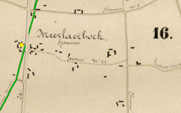 Ter hoogte van de Meerlaan (gele stip) kruiste de bedevaartsweg de Meensesteenweg. Atlas der Buurtwegen, 1841.