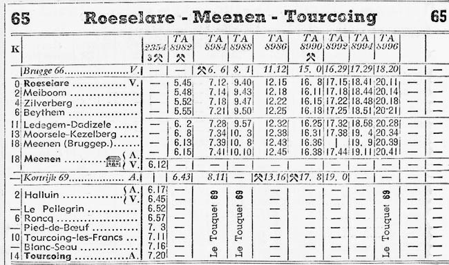 De dienstregeling van de lijn 65 in 1949. De eerste trein uit Roeselare stopte 's morgens al om 5u.55'' aan Beitem Statie (Bron: Paul Kevers).