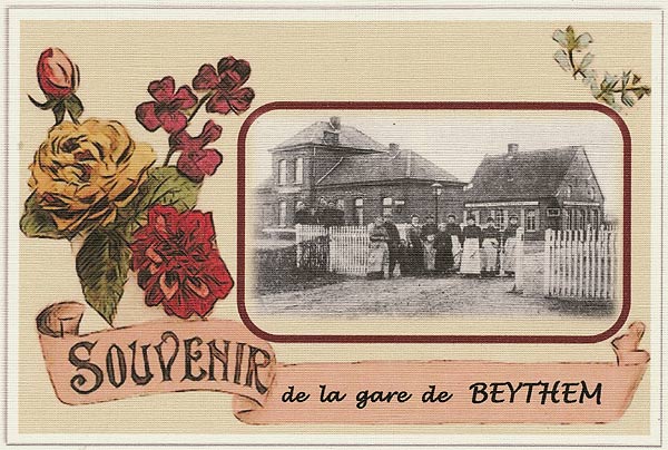De naam Beythem op een oude postkaart van de statie.