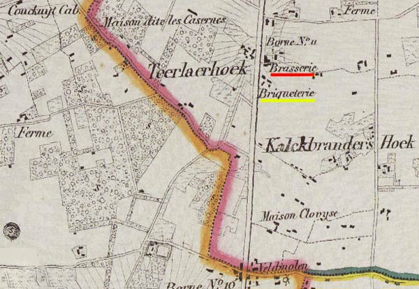 De steenoven (Briqueterie) van Petrus Beheyt, ten zuiden van het Brouwershof (Brasserie) van zijn broer Charles, op de Meerlaanhoek, hier Teerlaerhoek (sic!) genoemd. (Ph. Vandermalen, Topografische kaart, 1850-54.