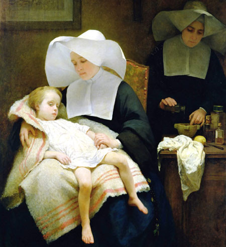Zusters van Liefde verzorgen een ziek kind. Schilderij van Henriette Brown, 1859.