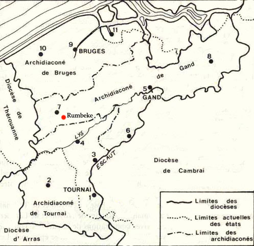 Het bisdom Doornik van 1272 tot 1559. Rumbeke (met rode stip) lag binnen het aartsdiaconaat Gent, in het decanaat Roeselare (nr. 7)